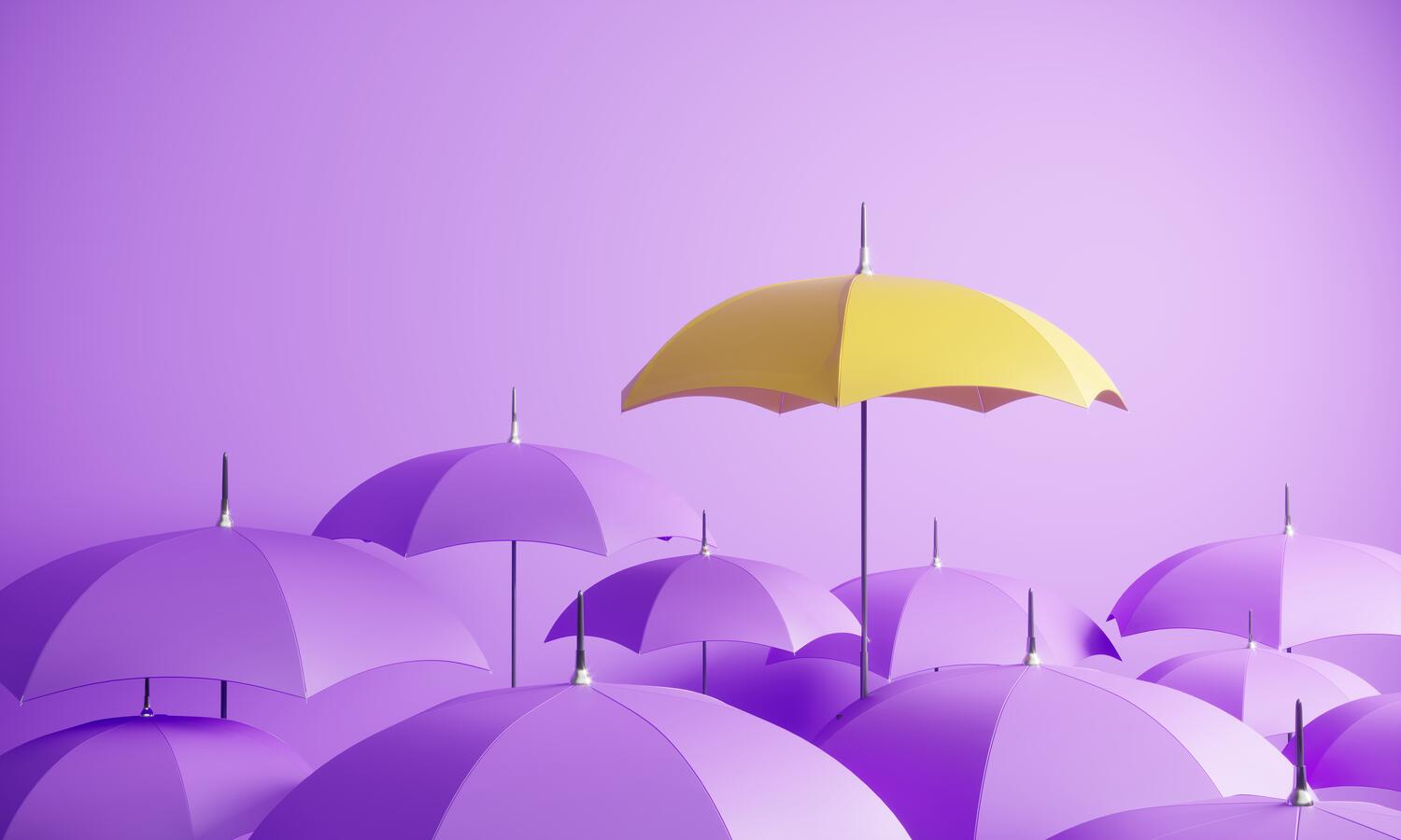 Yellow colored umbrella between the purple umbrellas. (3d render)