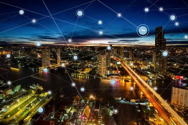 connected data shown across a city skyline