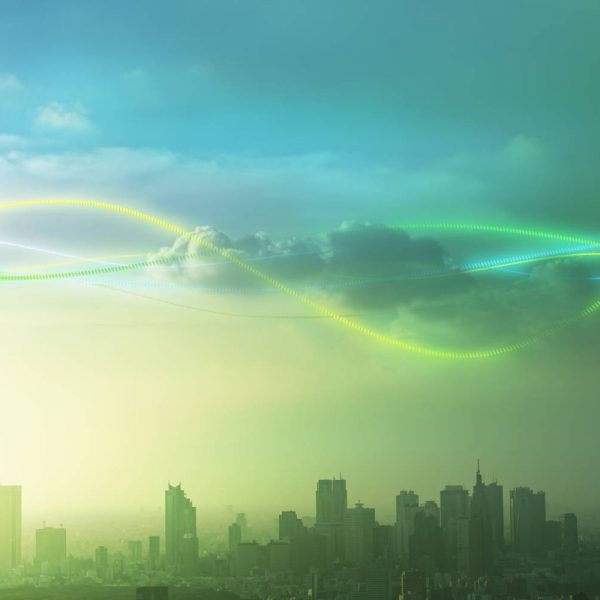 cityscape with green clouds